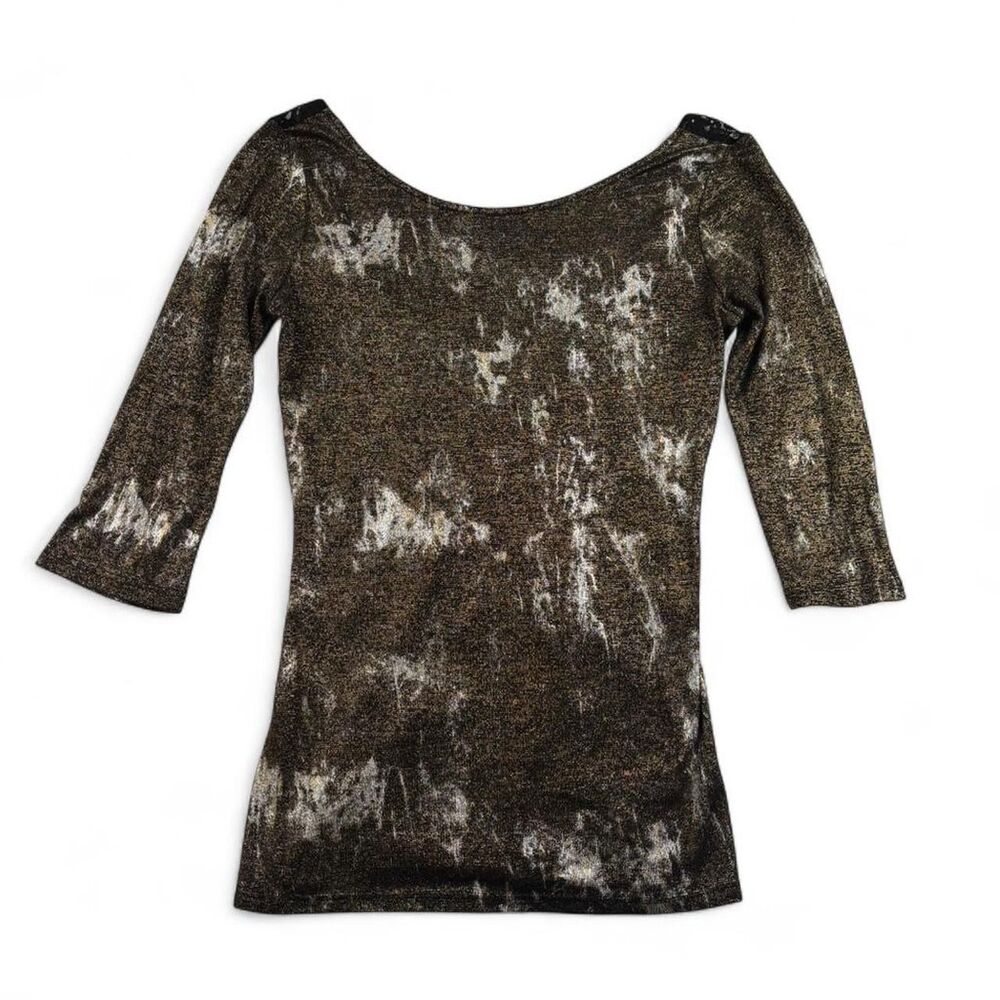 BKE Women’s L Metallic Brown Black Top 3/4 Sleeve Scoop Neck Party Shirt